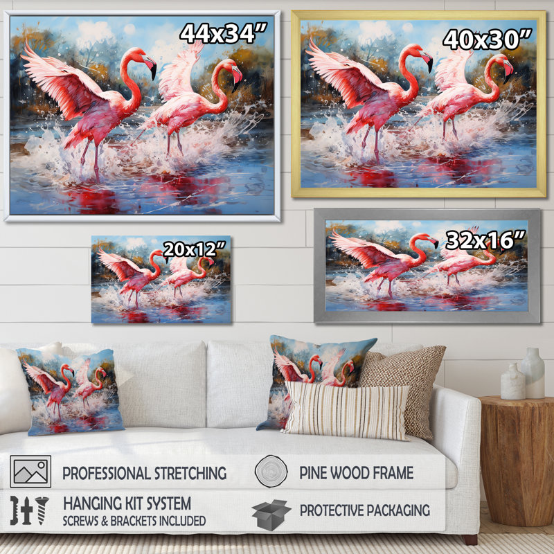 «Wild Pink Flamingo In Lake I», reproduction sur toile, Cadre doré simple, H 24 po x l 32 po x P 1 po