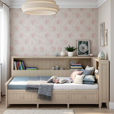 Farmhouse Daybed with Storage Shelves & 3 Drawers - Solid Wood Frame, Antique White Finish, No Box Spring by Red Barrel Studio