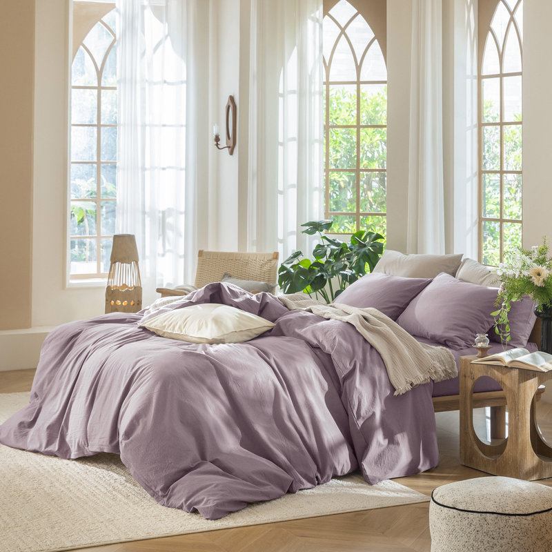 MooMee Lightweight Duvet Cover Set with Zipper Closure 8 Ties 100% Washed Cotton Linen Like Textured Soft Breathable All-Season