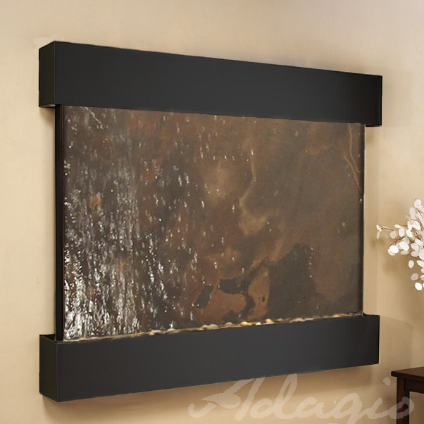 Indoor Acrylic Waterfall Fountain with Lights, Blackened Copper, Multi-Color Feather