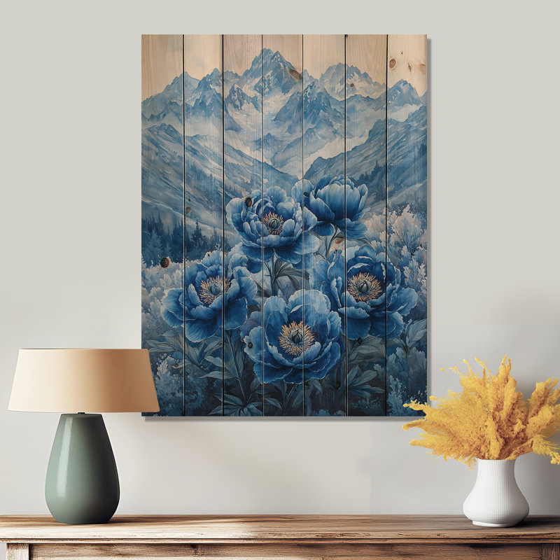 Pivoines bleues sur des sommets III - Art mural en bois pivoines - sur bois de pin naturel, H 20 po x l 10 po x P 0,78 po