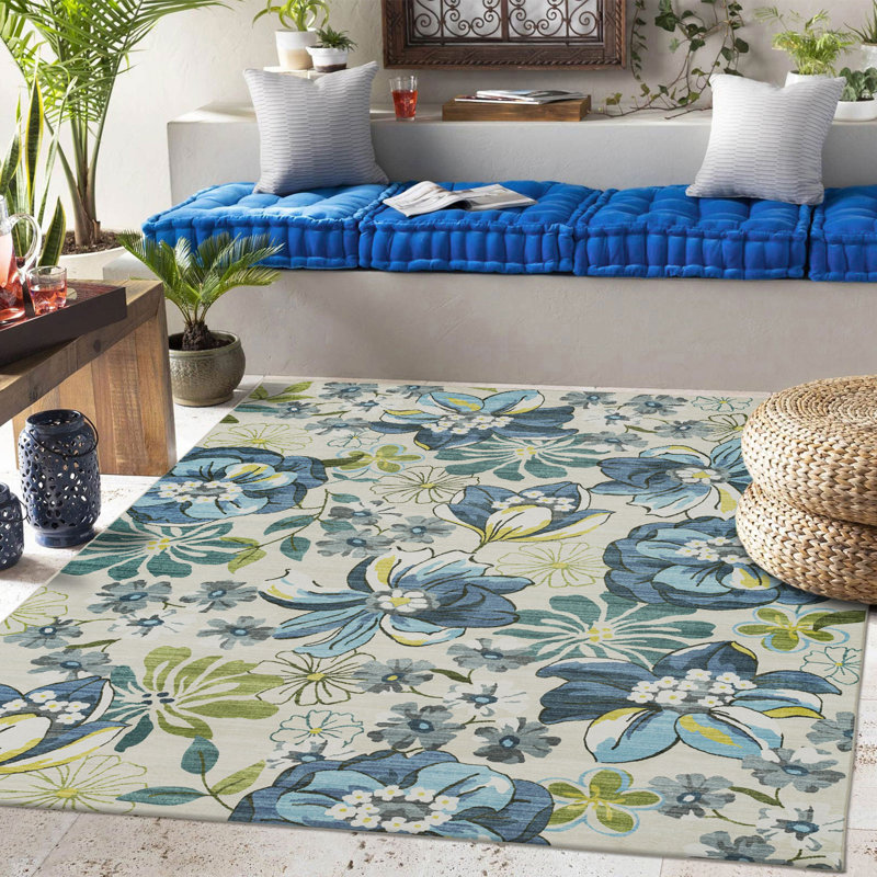 Blue and Green Floral Synthetic Rectangular Area Rug