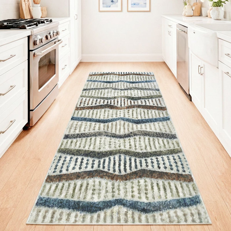 Washable Runner Rug 2x12 - Ridge Modern Plush Rug for Hallway & Entryway, Denim Multi, Sculpted Stripe, 2'2" x 12'