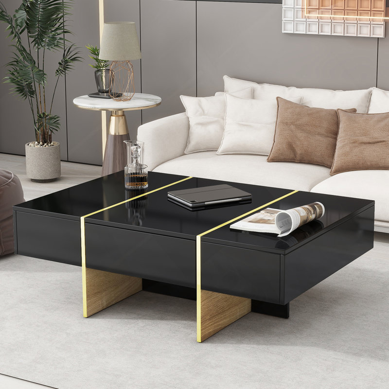 Modern Multi-Storage Rectangle Sofa Table with Golden Wood, Black