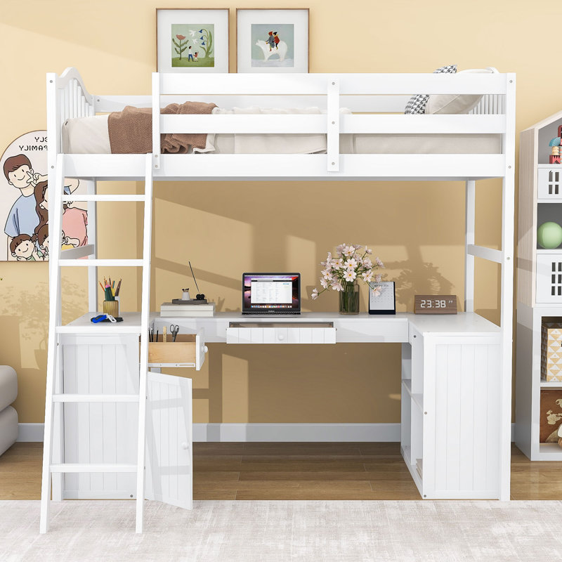Edmea Kids Twin Loft Bed with Drawers, White