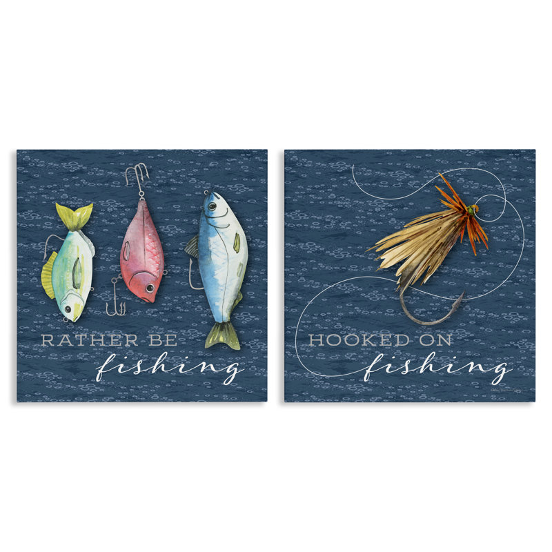 Ensemble de 2 toiles Gone Fishing Sayings, design par Holly Thomas Stein, H 17 po x l 17 po