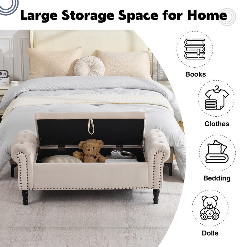 67" Storage Bench for Bedroom End of Bed King Size with Tufted Seat and Nailhead Trims Roll Arms, Velvet Beige, 67''W