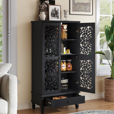 Armoire de rangement rustique de 55 po de hauteur avec tiroir, armoire décorative en bois sculpté à 2 portes avec pieds en bois massif pour le salon, le couloir et la salle à manger