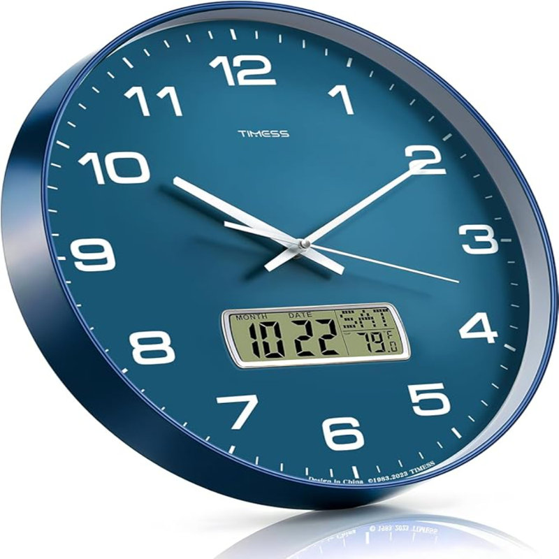 Horloge murale, cadran 12 po, analogique à pile, avec affichage à cristaux liquides pour calendrier perpétuel et température F °, idéal pour une maison moderne, une chambre à coucher, une cuisine, un bureau (bleu)