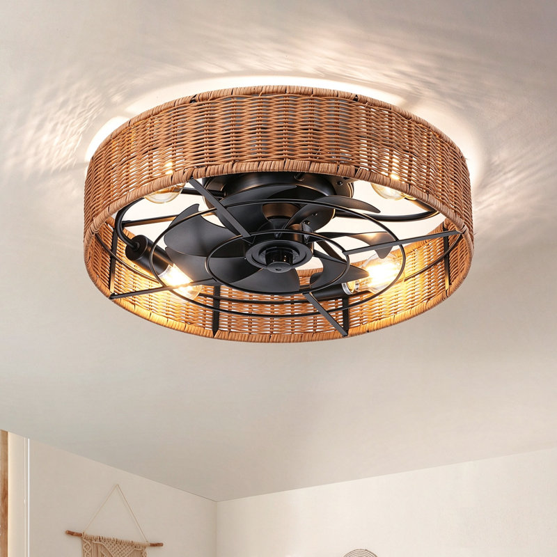Ventilateur de plafond 19,7 "encastré en rotin Boho avec lumière et télécommande