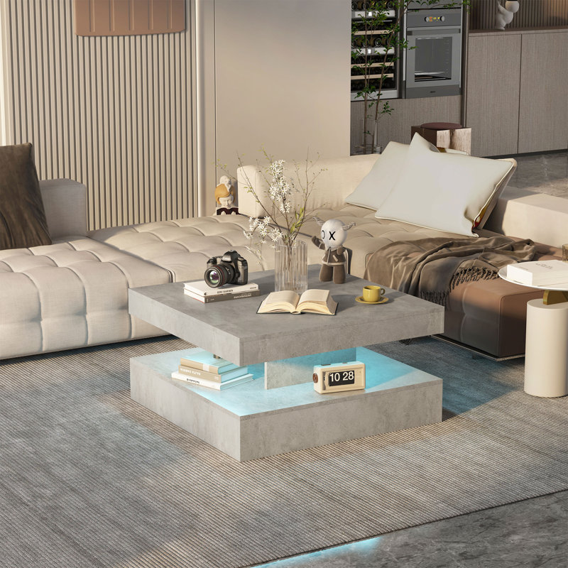 Charvez Modern Square High-Gloss LED Coffee Table with Storage, 40cm H x 78cm W x 78cm D, Grey
