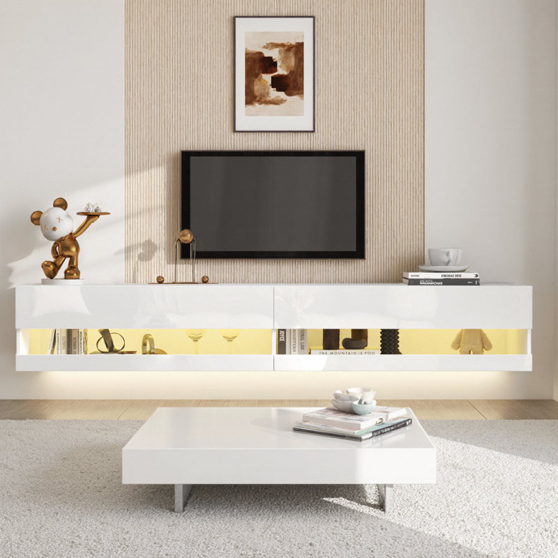 Elegant 80" Wall-Mounted Floating TV Stand with LED Lights & Charging Station – Modern White Design for Living Room, White
