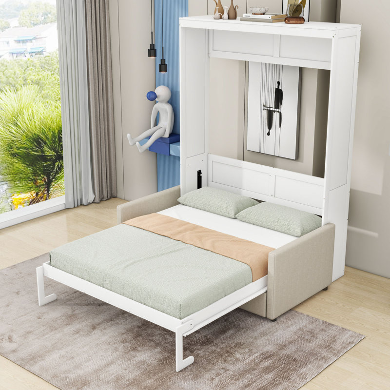 Lit escamotable mural en bois avec canapé, Double, Blanc