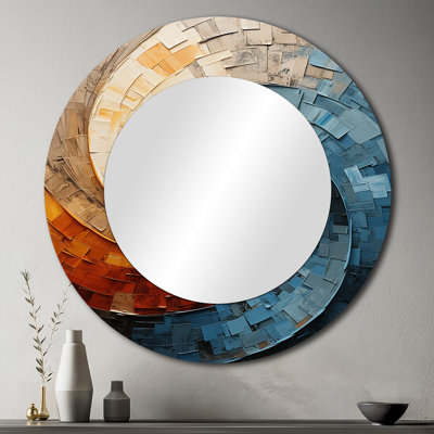 Collaged Spiral - Abstract Spirals Large Mirror, Teal Round Decorative Wall Mirror, Printed Metal Art
