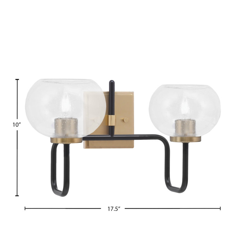 Barre d'éclairage de salle de bain 2 lumières Amarmula, noir mat et laiton vieilli, verre bullé transparent de 7 po