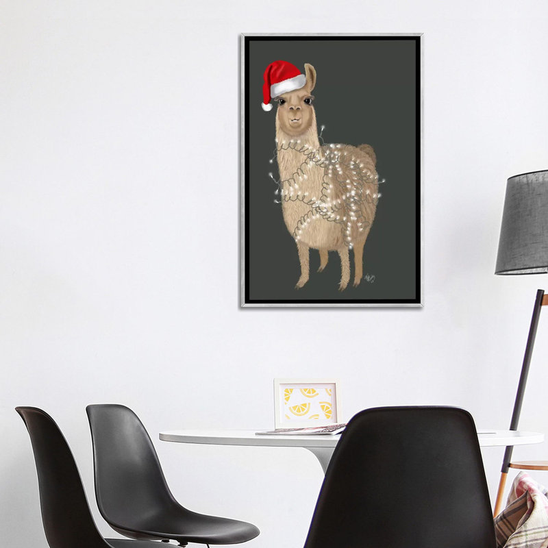 «Llama, Christmas Lights 1» par Fab Funky - impression d'art graphique, H 40 po x l 26 po x P 1,5 po, Encadrement argenté
