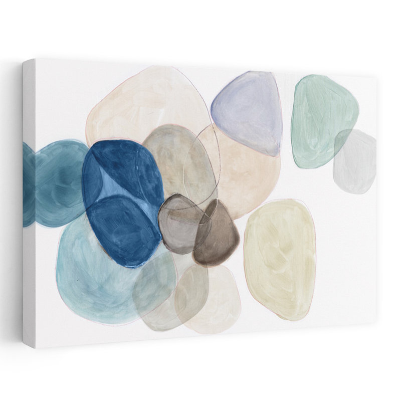 «Blue Bubbles Merge I», art géométrique minimaliste abstrait, H 32 po x l 48 po