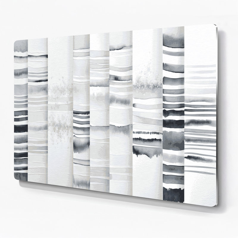 Horizontale rayée blanche neige, gris clair, bleu, métal, art mural, H 11 po x l 14 po