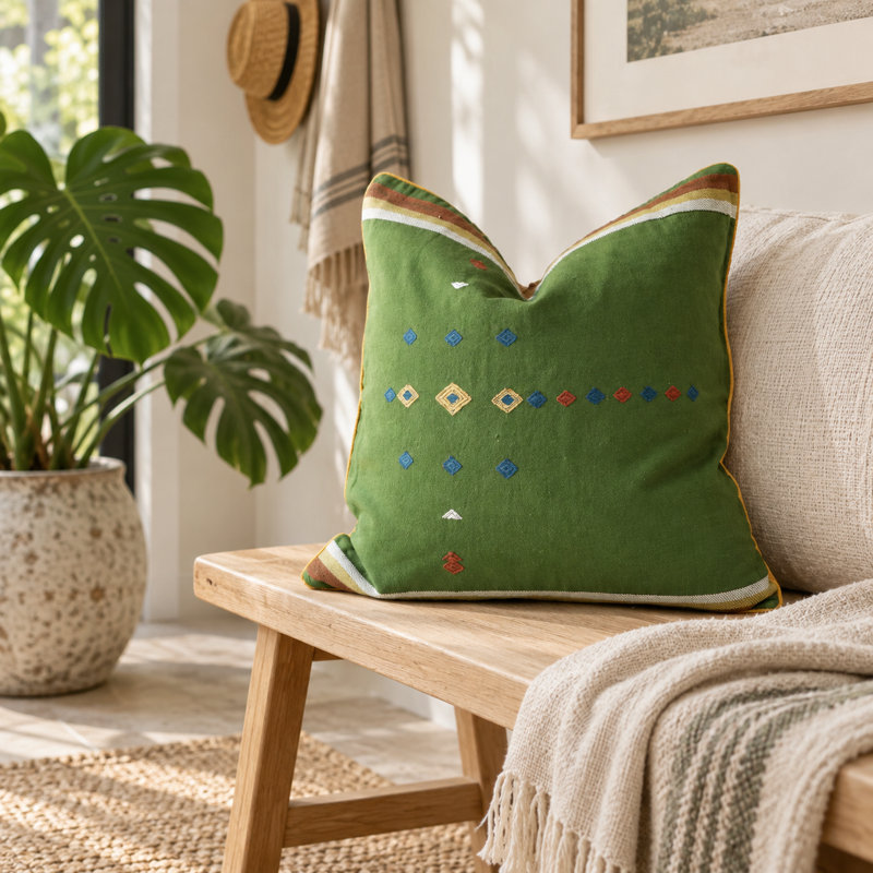 Hand-Embroidered Handwoven Cotton Decorative Pillow Cover with Button Closure