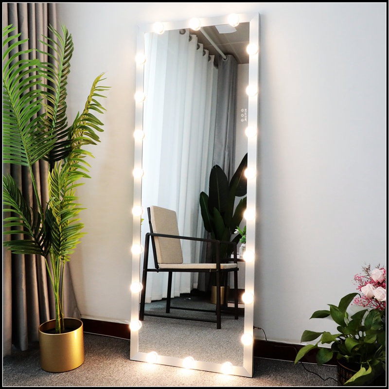 Wall Standing Full Length Mirror With LED Bults, Touch Control, And 3 Color Lights For Dressing And Vanity, White