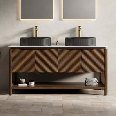 Freestanding Bathroom Vanity With Sintered Stone Top, Dual Black Ceramic Vessel Sinks, Plywood Cabinet, Four Diagonal-Fluted Doors, And Soft-Close Storage System.