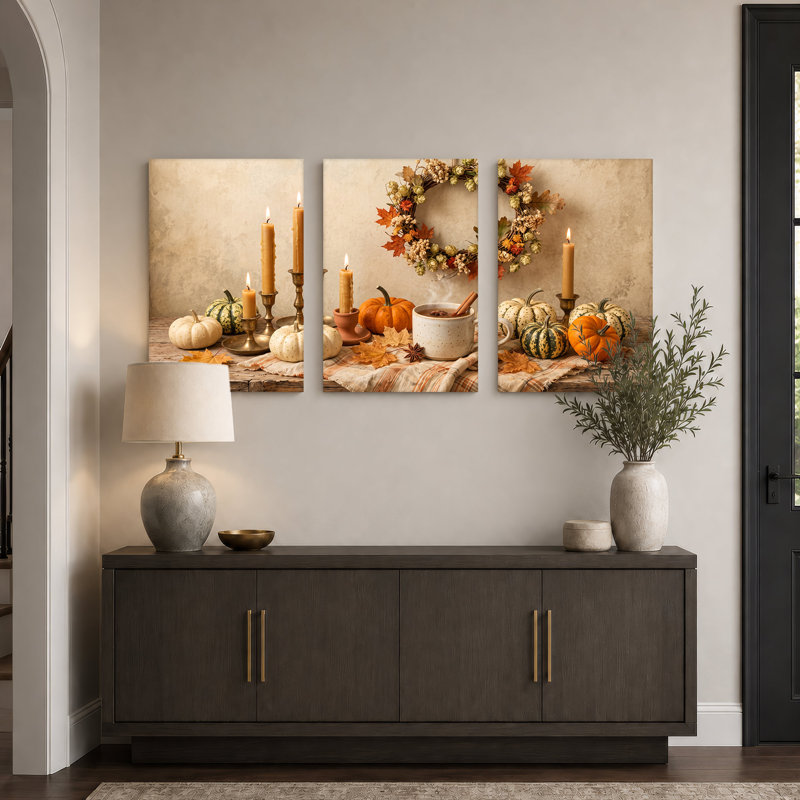 Ensemble de 3 toiles murales « Couronne d'automne et citrouilles illuminées pour l'Halloween », 24"H x 16"W x 3pcs