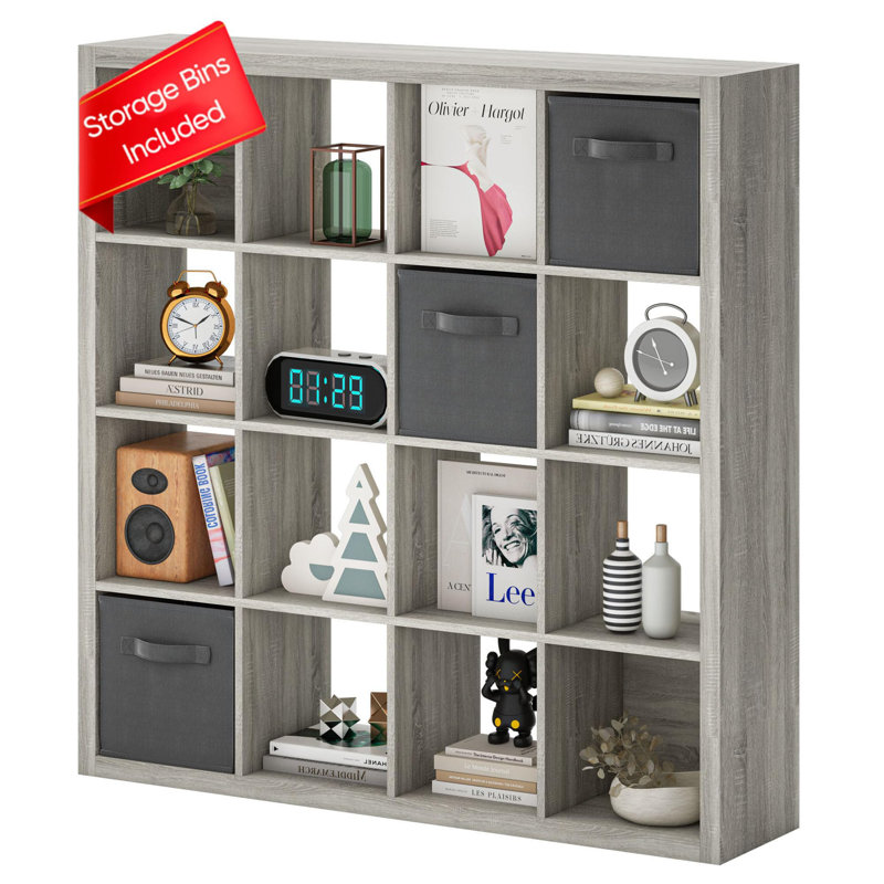 Bookshelf with Storage Bins, 16-Cube Storage Organizer Wooden Bookcase Open Book Shelf, Grey Oak