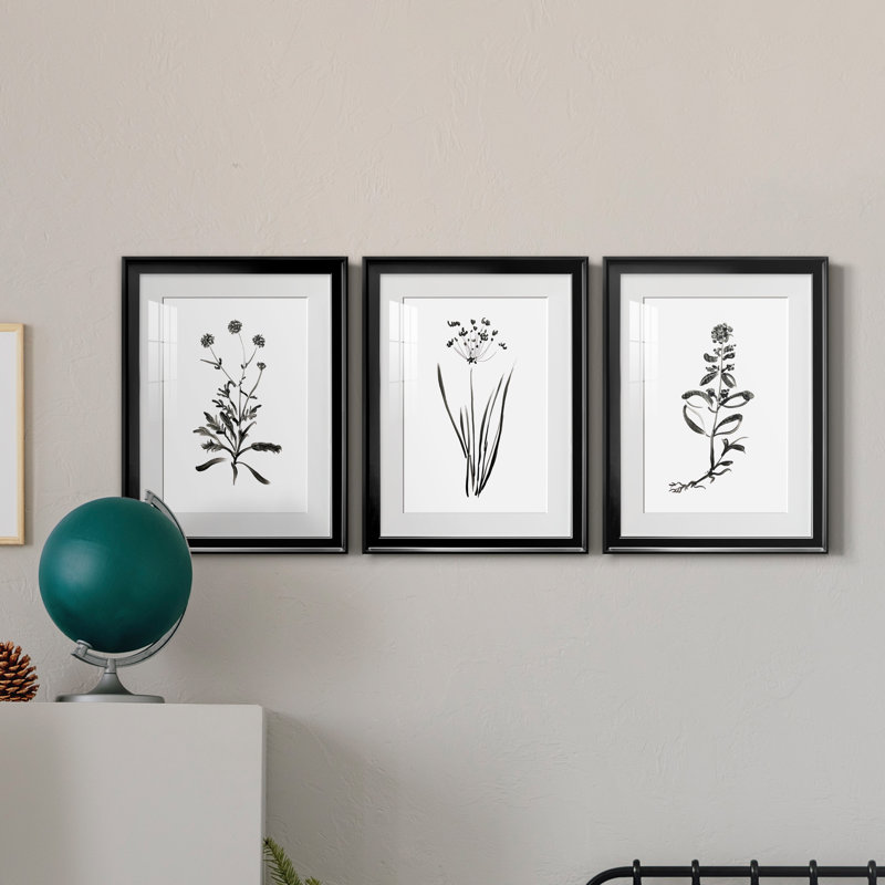 Inky Botanical I - ensemble de 3 reproductions d'art graphique, Cadre noir, H 22,5 po x l 91,5 po x P 1,5 po