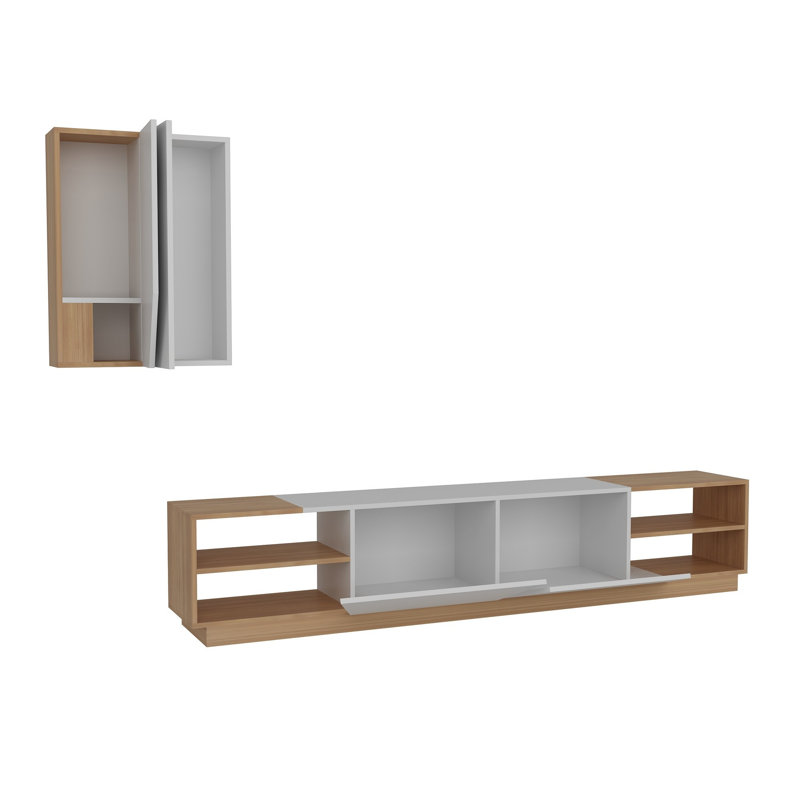 Modern TV Unit with Wall Shelves (2 Pieces), White & Teak, 94.5 x 18.5 x 14.8 inches | 100% Melamine Coated Particle Board, Thickness: 0.7 inches | Versatile Design, Numerous Shelves, Wall-Mountable for Space Efficiency