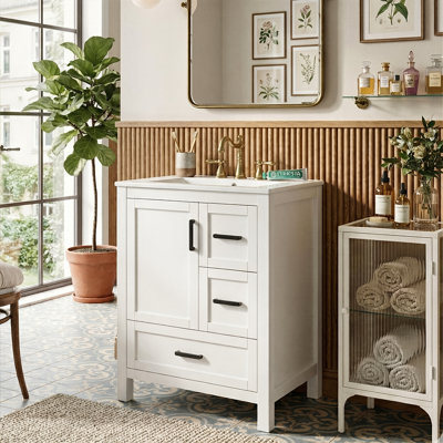 Meuble-lavabo moderne de 24 po avec lavabo, armoire en bois massif avec 3 tiroirs de tri et portes à fermeture en douceur, 4 couleurs