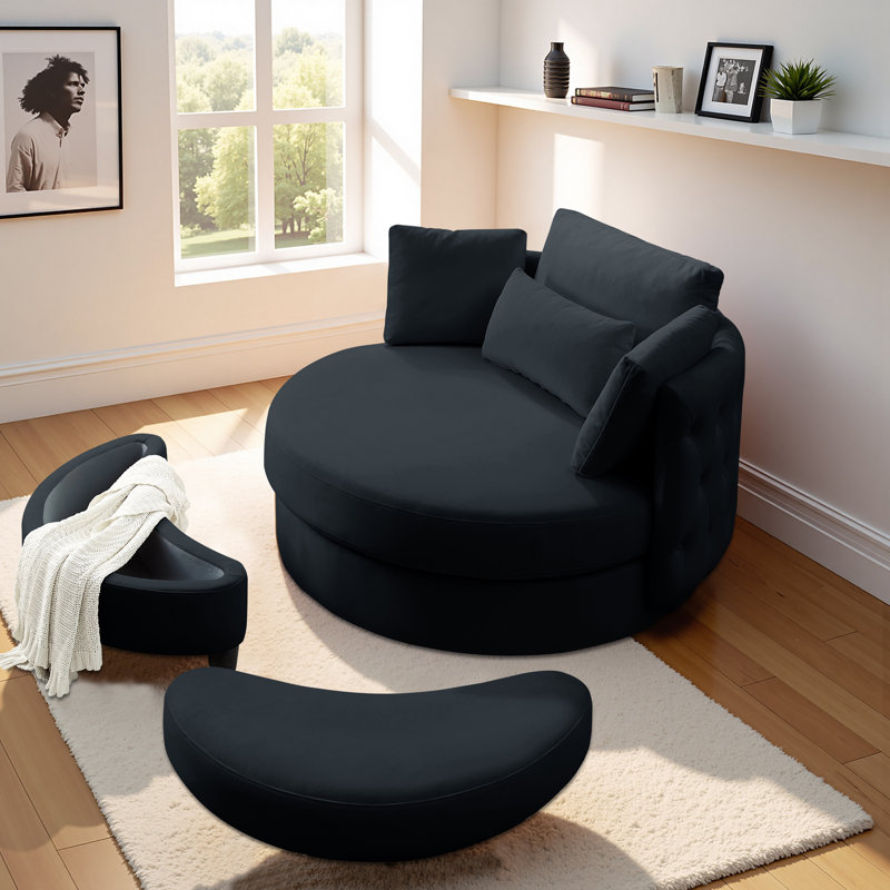 Upholstered Tufted Swivel Chair with Ottoman, Black