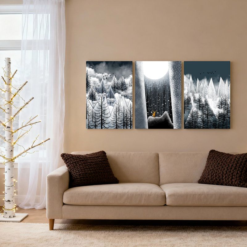 «Winter Forest Moonlight», art mural noir et blanc sur toile tendue sur toile (ensemble de 3), H 24 po x l 48 po