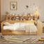 Lit de jour double en bois avec tablettes de rangement, deux tiroirs et bureau d'étude-295815893-295815714