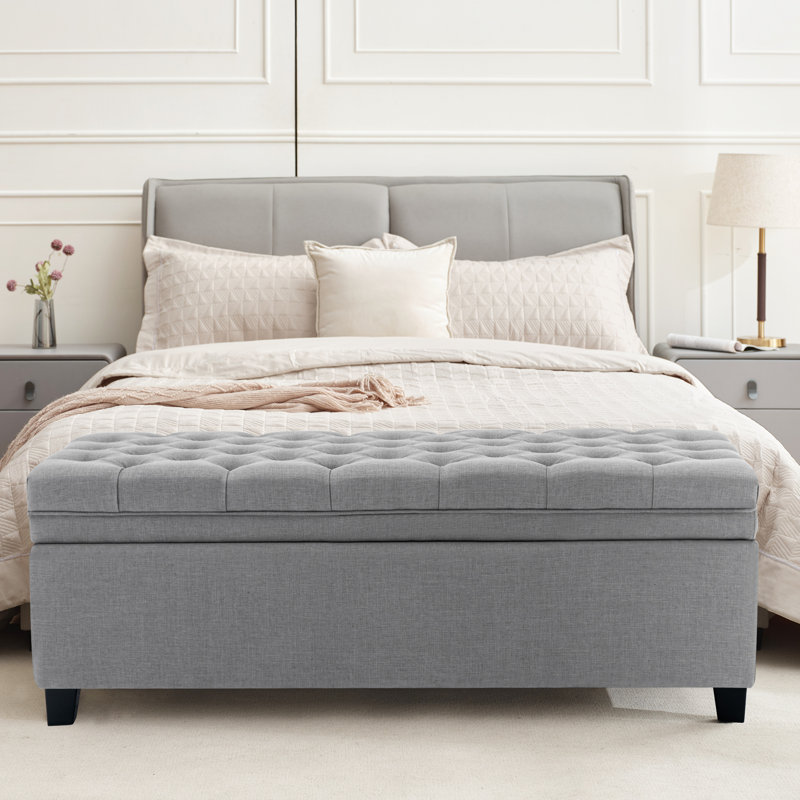 Cassina 51" Linen Upholstered  Storage Ottoman Bench , Light Gray Linen