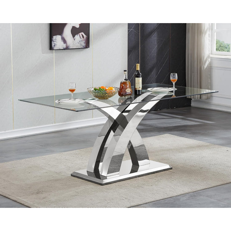 70" Modern Glass Dining Table for 4-8 People, Clear Glass Dining Room Table for 6, X-Shape Stainless Steel Pedestal, Rectangle Home Kitchen Table for 6