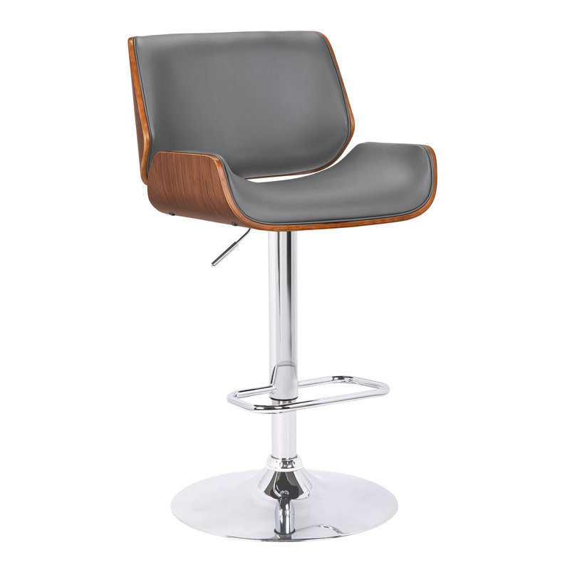 Cecillia Swivel Adjustable Height Barstool in Chrome, Walnut Wood and Faux Leather, Grey Faux Leather