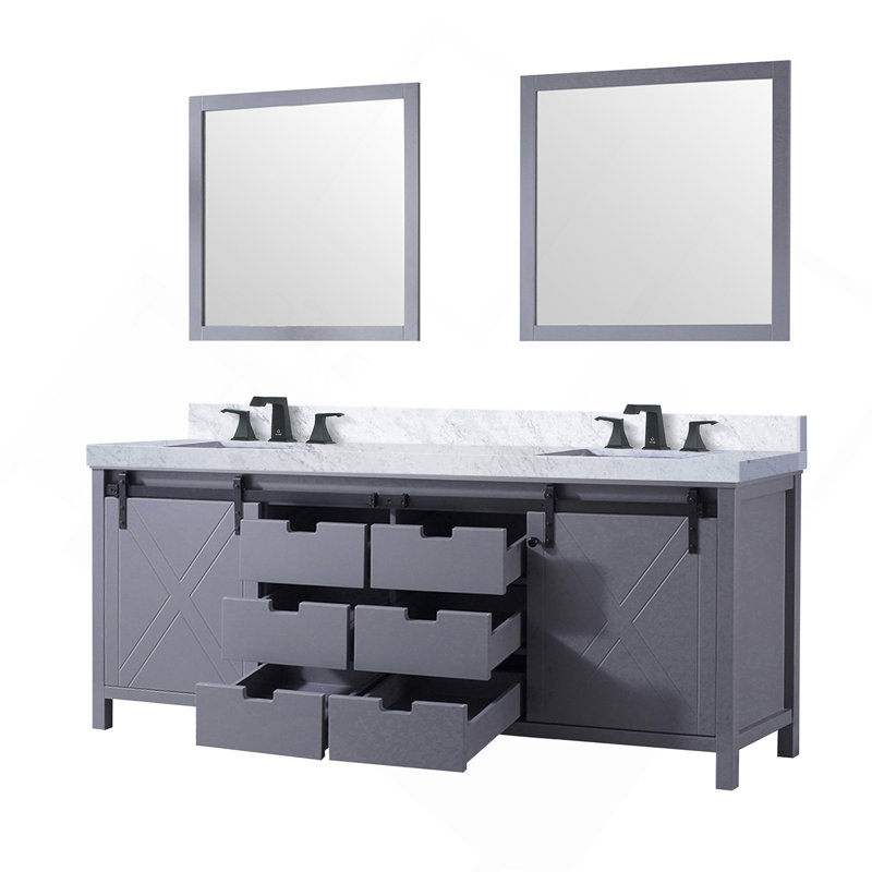 Meuble-lavabo double gris foncé 84 po X P 22 po , Comptoir en marbre de Carrare, ensemble de robinets Miroirs