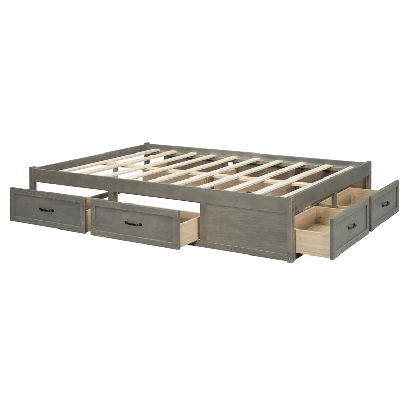 Lit plateforme double avec 6 tiroirs de rangement, structure moderne à profil bas gris antique, Gris antique, Lit double