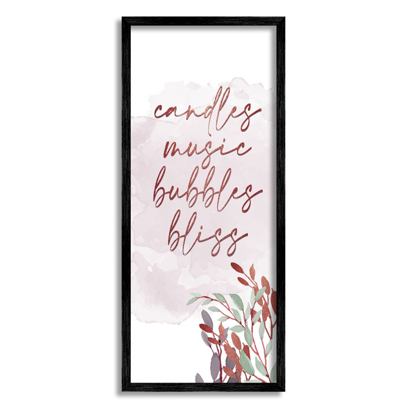 Mots de salle de bain roses par Kim Allen, H 24 po x l 10 po x P 1,5 po, Giclée encadrée noir minuit