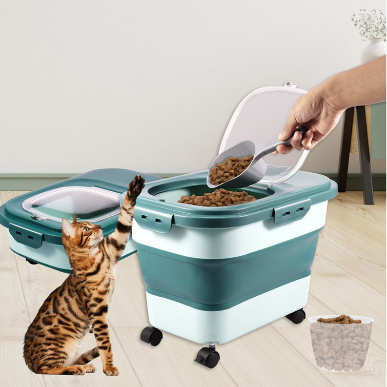 Dog Food Storage Container with Rolling Wheel, Collapsible Dog Food Container with Travel Silicone Bowl and Scoop, Folded Cat Food Container Kitchen R