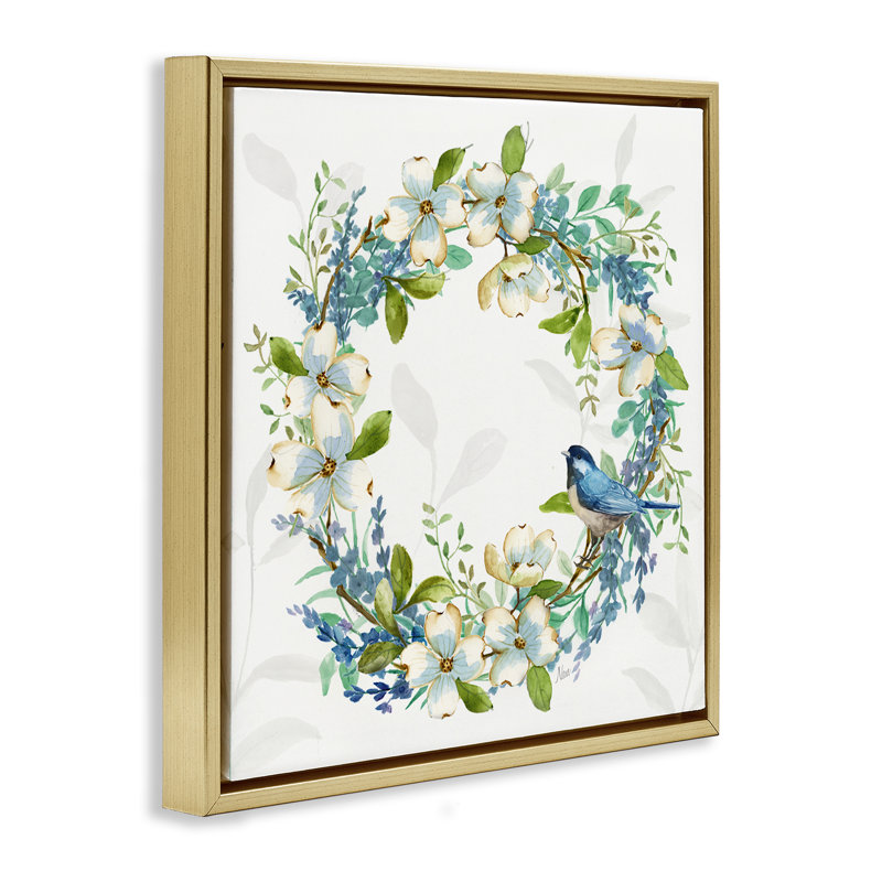 «Dogwood Wreath & Bluebirds», art mural encadré flottant par Nan, Cadre flottant métallique doré, H 18 po x l 18 po