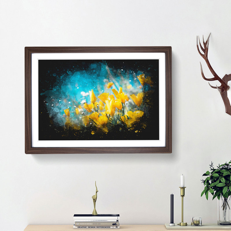 Yellow Blooming Flowers - Framed Print, 62cm H x 87cm W x 2cm D, Walnut Framed