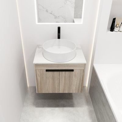 Wall Mounted Bathroom Vanity In White Oak. 24" With Ceramic Basin. Soft Close Door For A Fashionable & Ample Storage Sink. Oak Reliable