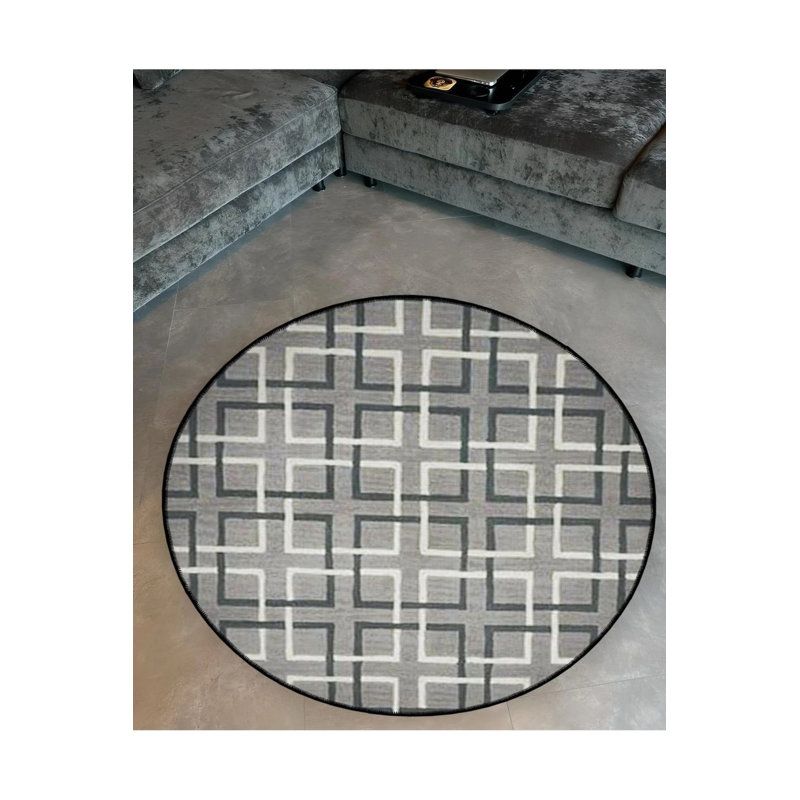 Woven Base Modern Decorative Carpet With Geometric Shape Details In Gray Tones, Round 3'4"
