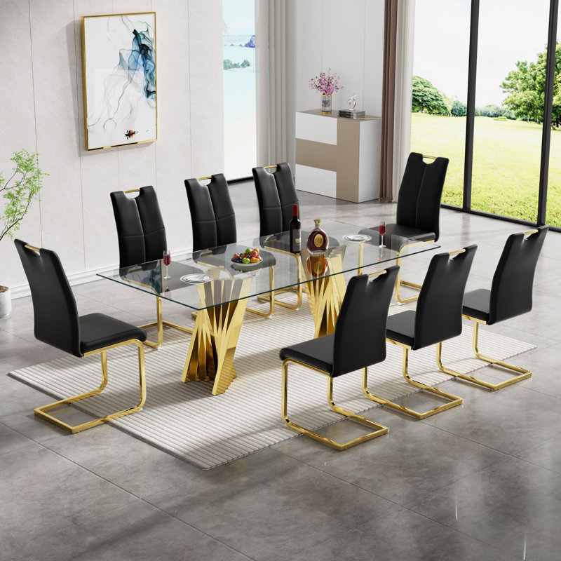 Glass Dining Table Set, 70" Glass Kitchen Table Set, Rectangle Dining Room Table with Dining Chairs, Modern Glass Dinner Table and Chairs Set