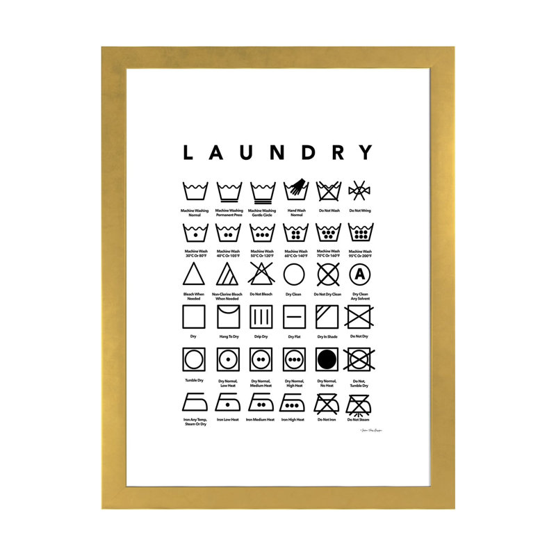 «Laundry Symbols» par Seven Trees Design - impression d'art textuel, 24" H x 16" W x1" D, Blanc, Gold Paper