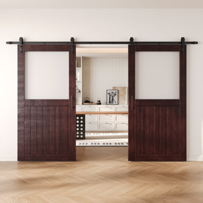 Homacer Red Mahogany Double 32in x 80in Half Lite Glass Design Unassembled & Finished Barn Doors with Non-Bypass Installation Hardware Kit, 11ft track, interior use only