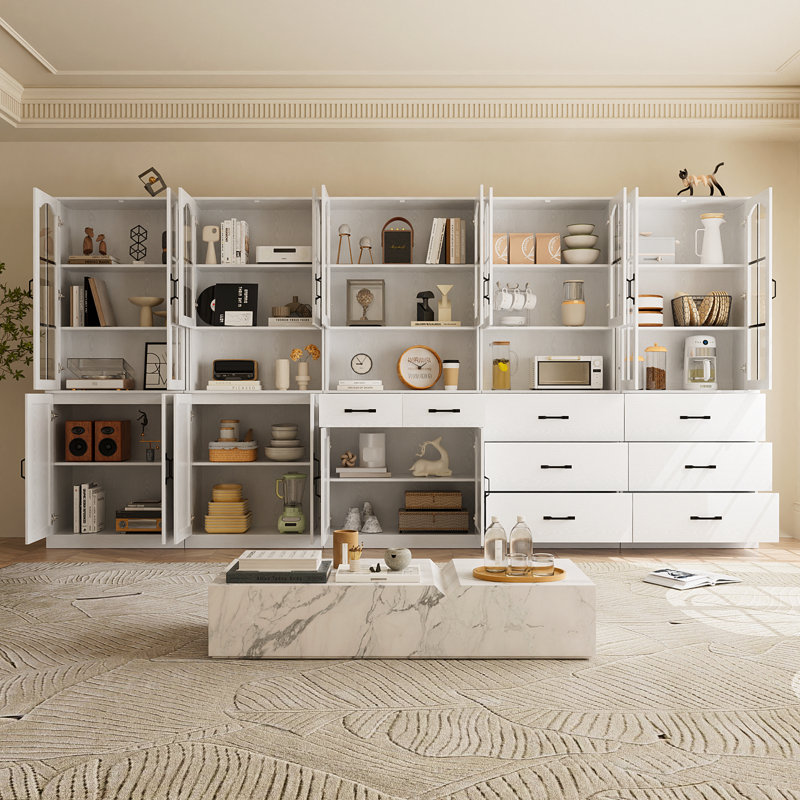 White 71" H X 126" W Glass Door Bookcase With Hutch, Storage Drawers & Countertop | Freestanding Multi-Functional Storage Wall Unit (ABCDE)
