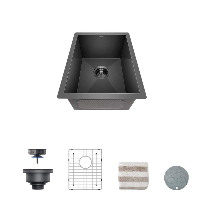 Évier de cuisine encastrable 15 po x 17 po - revêtu de céramique Nanotek noir brillant, évier simple en acier inoxydable de calibre 16