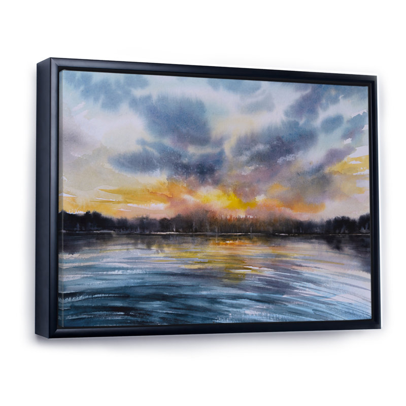 Coucher de soleil sur le lac I - décor mural toile, H 24 po x l 32 po, Cadre flottant noir